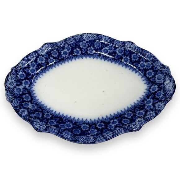 Vintage Grindley Grace Oval Serving Platter Tray Antique Flow Blue White 15" - Picture 1 of 12
